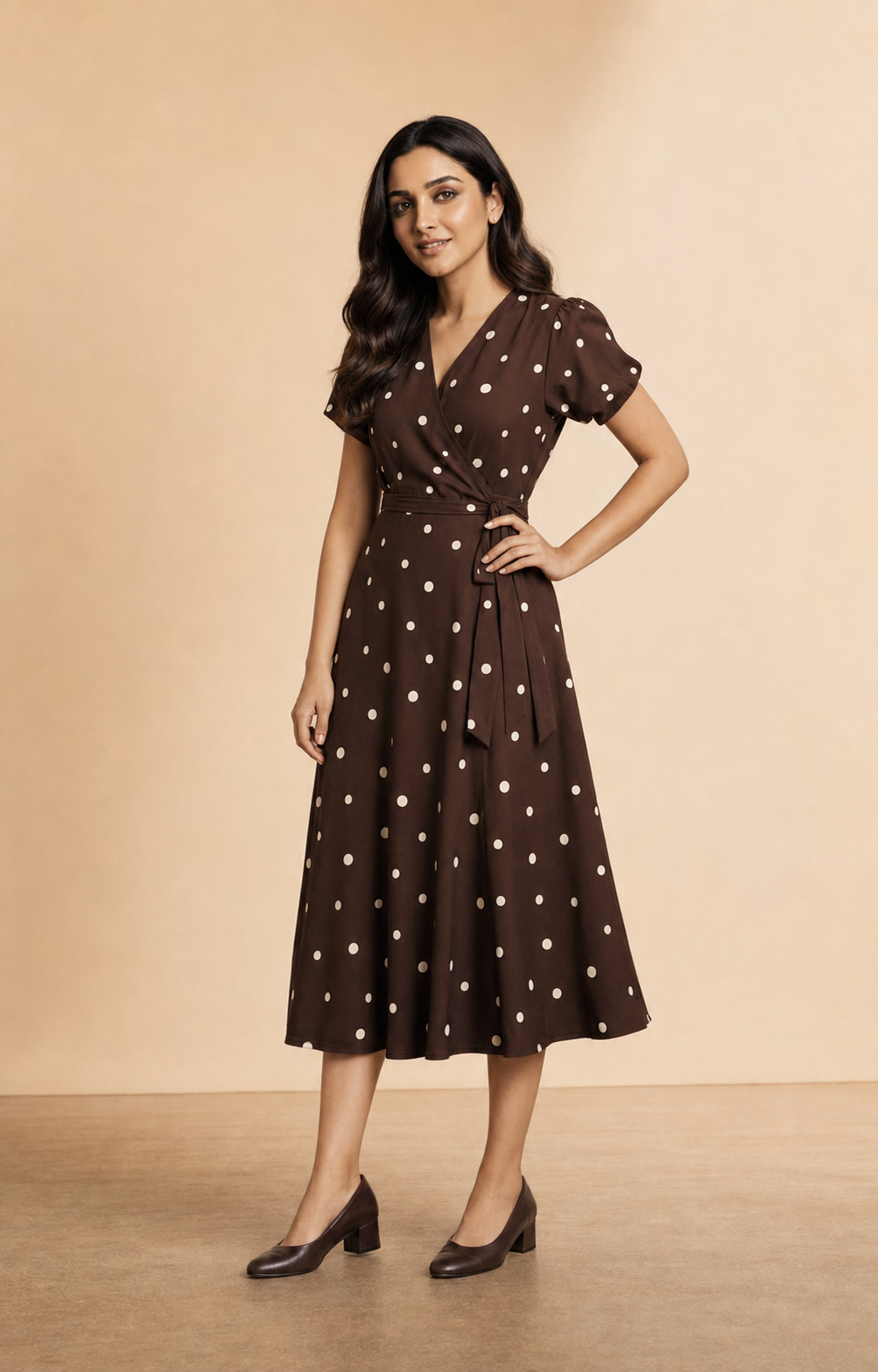 Muze wearing the Kritzy Cocoa Dot wrap frock in a bold, confident pose