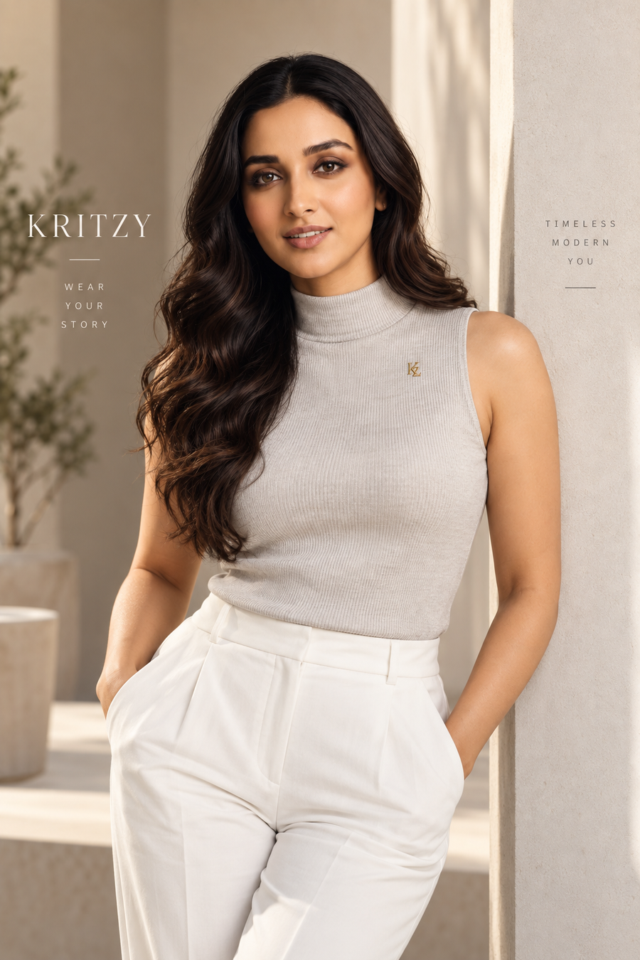 Ivory Ribbed High-Neck Sleeveless Top