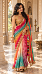 Rainbow bandhani saree with gold sequin blouse, front drape detail