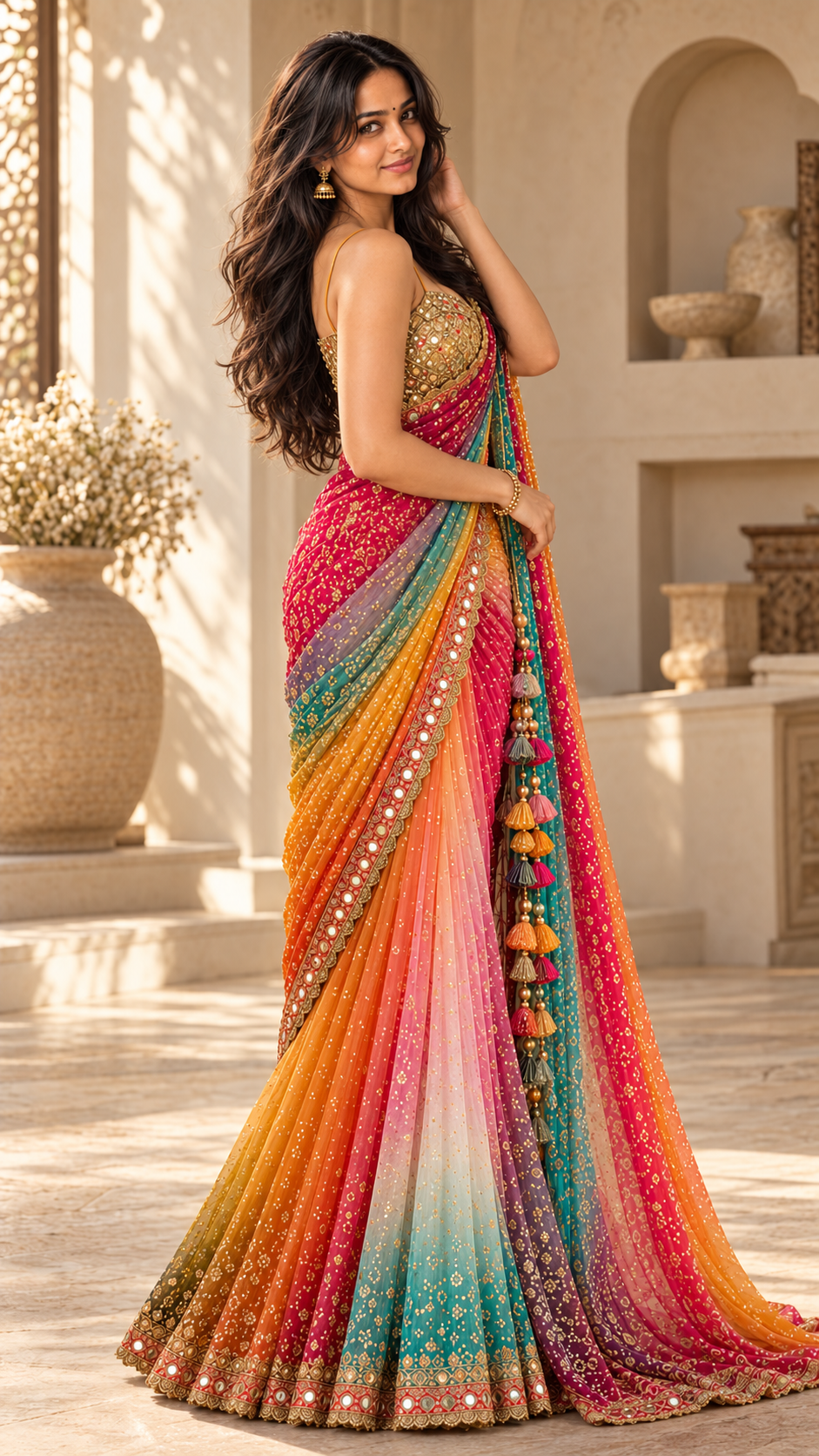 Rainbow bandhani saree with gold sequin blouse, back view