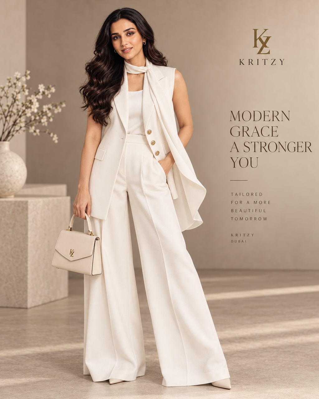 Model wearing the ivory sleeveless tailored waistcoat, scarf and wide-leg trousers