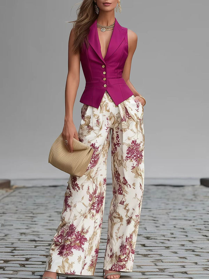 Amazon Cross-Border European Goods American-Style Elegant Buttoned Vest Top For Women Summer Slimming Wide-Leg Pants Two-Piece Set