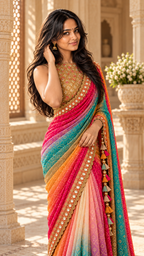 Rainbow bandhani saree with gold sequin blouse, standing full-length
