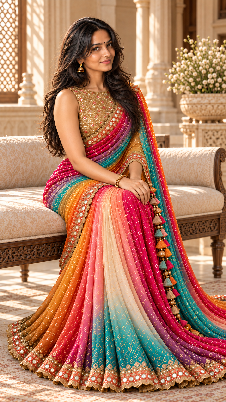 Rainbow bandhani saree with gold sequin blouse, seated courtyard pose