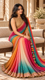 Rainbow bandhani saree with gold sequin blouse, seated courtyard pose