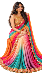 Rainbow bandhani saree with gold sequin blouse, seated pose