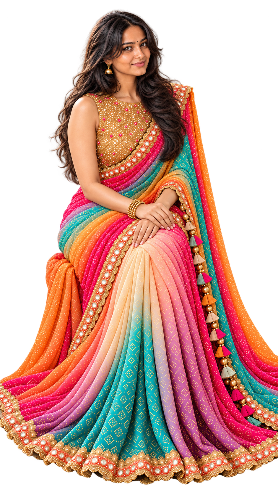 Rainbow bandhani saree with gold sequin blouse, seated pose