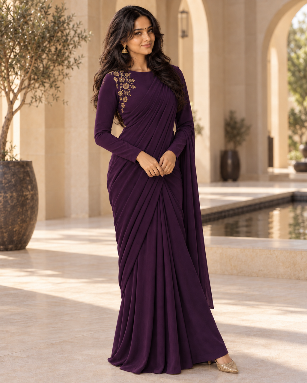 Model in a wine red pre-draped satin saree with gold shoulder embroidery
