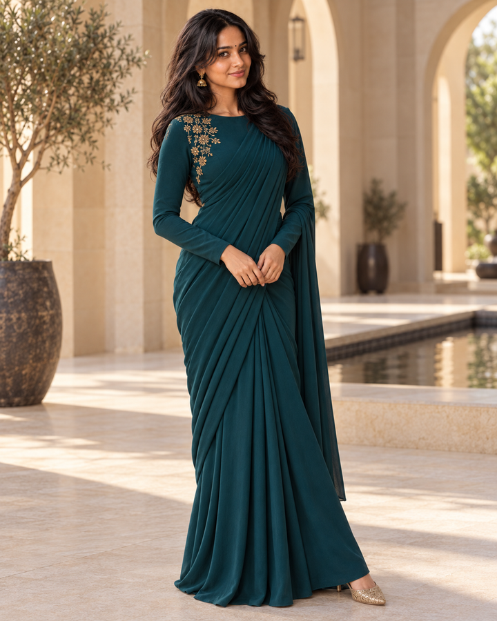 Pre-Draped Embroidered Satin Saree