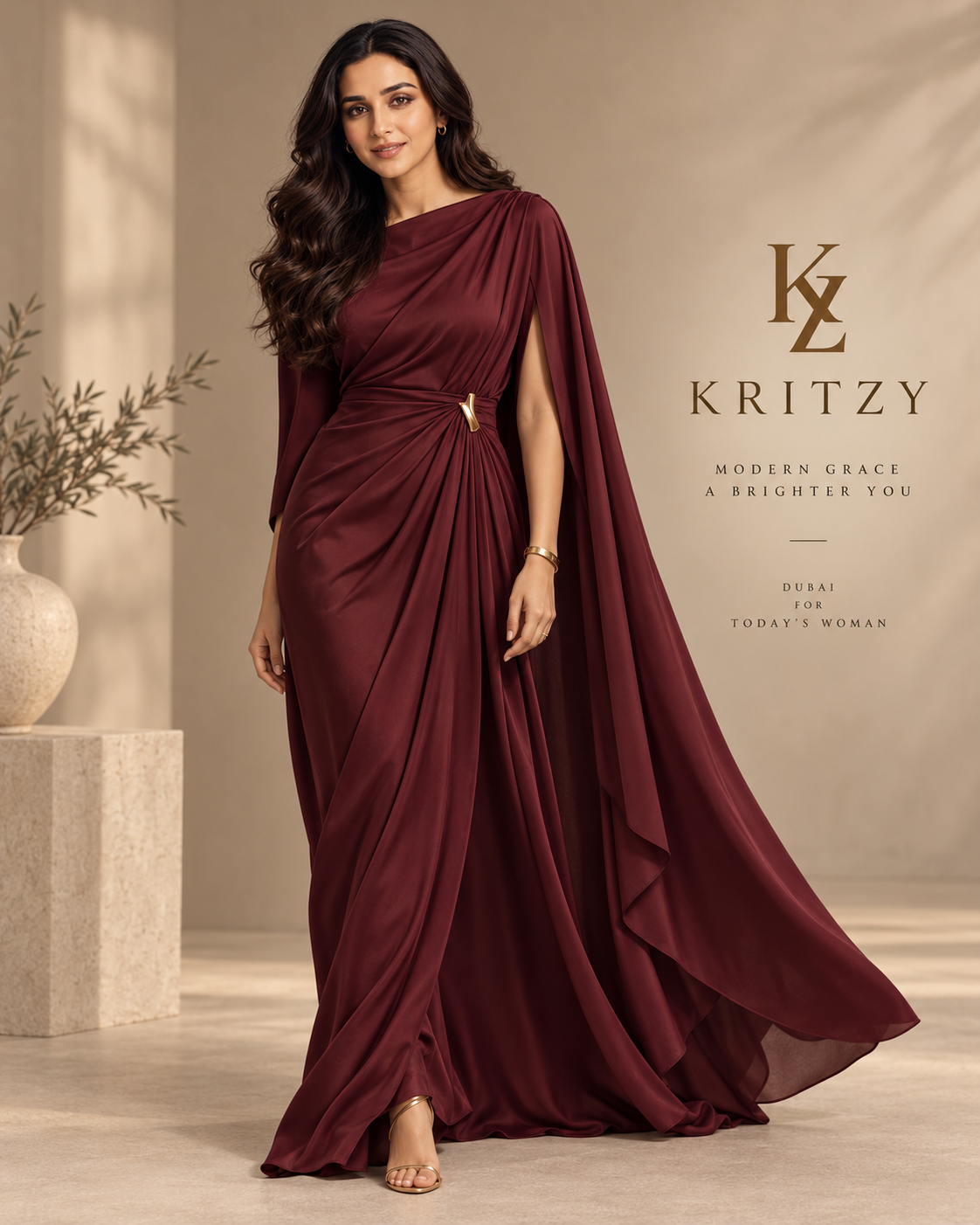 Model wearing the burgundy draped one-shoulder cape gown