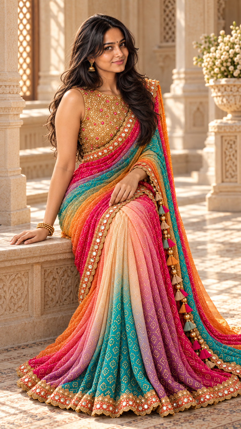 Rainbow bandhani saree with gold sequin blouse, seated on sofa