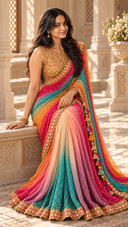 Rainbow bandhani saree with gold sequin blouse, seated on sofa