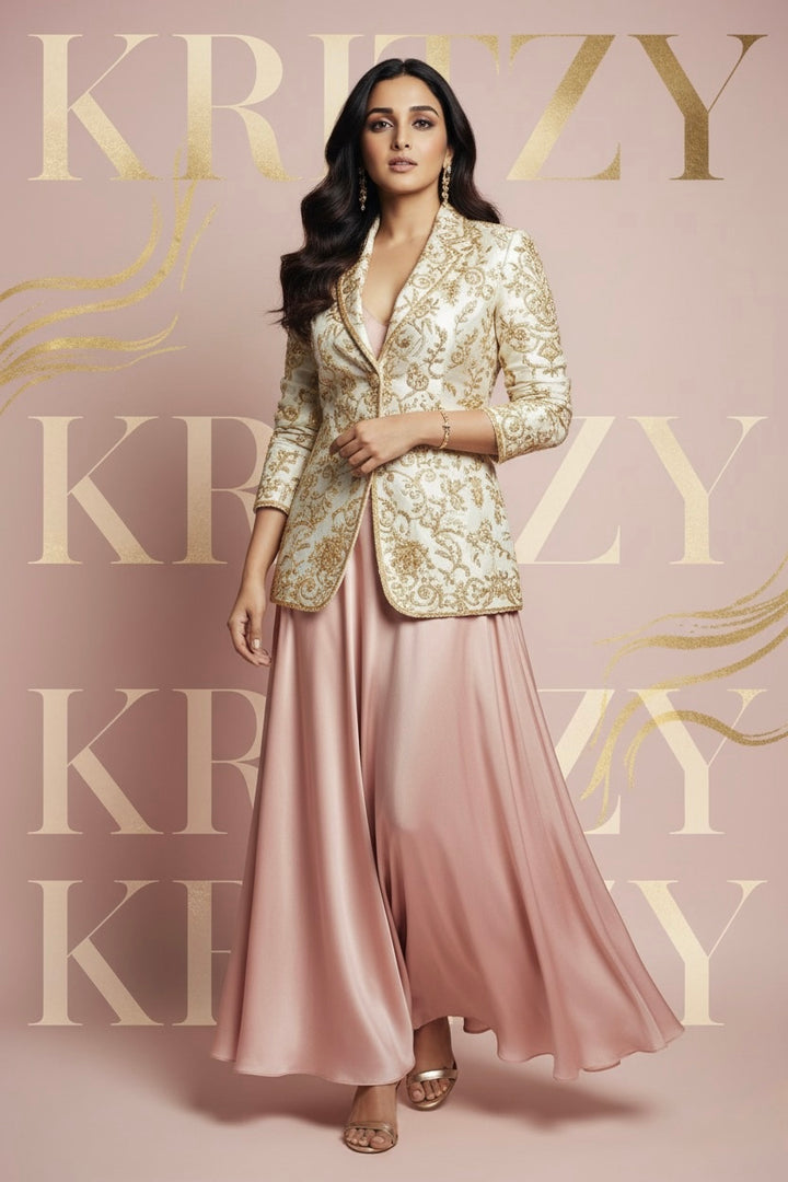 Ivory Gold Embroidered Blazer & Blush Satin Skirt Co-ord Set