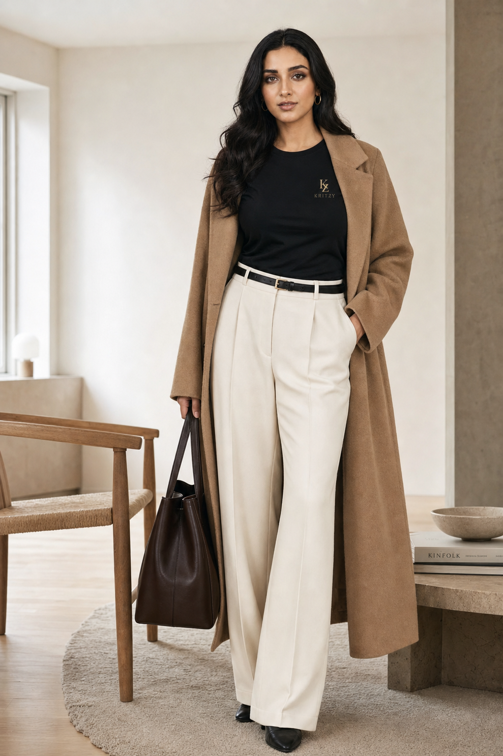 Model wearing cream wide-leg trousers with a camel longline coat and black Kritzy tee