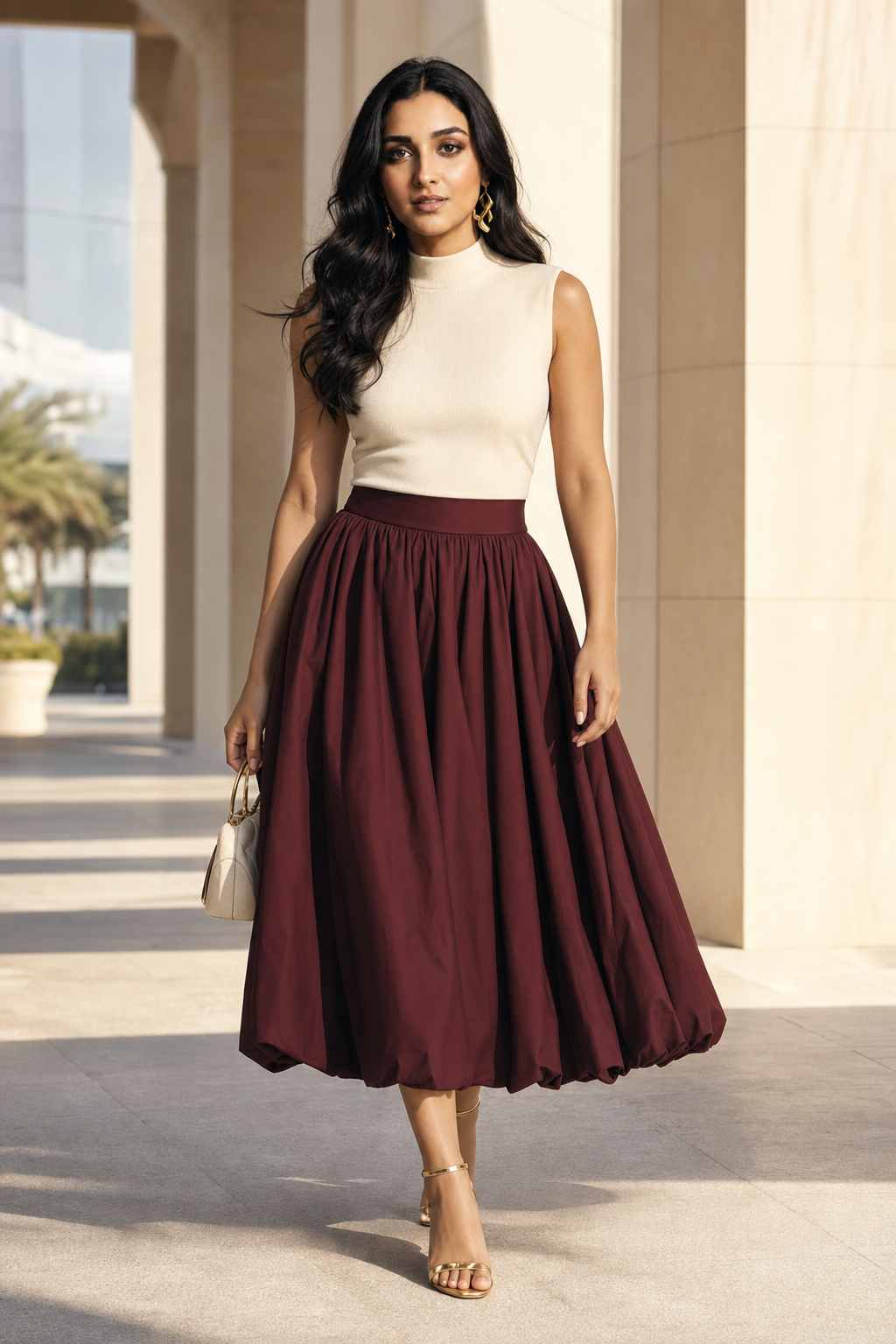 Burgundy pleated full midi skirt styled with cream sleeveless turtleneck and gold heels