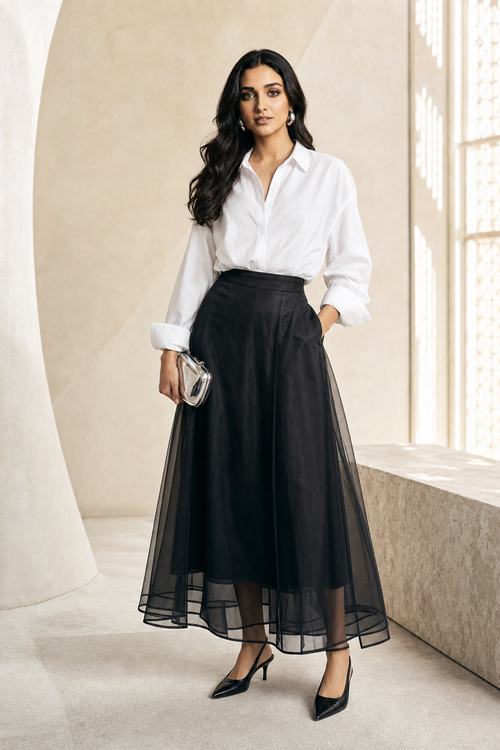 Black organza full midi skirt styled with white oversized shirt and black slingback heels