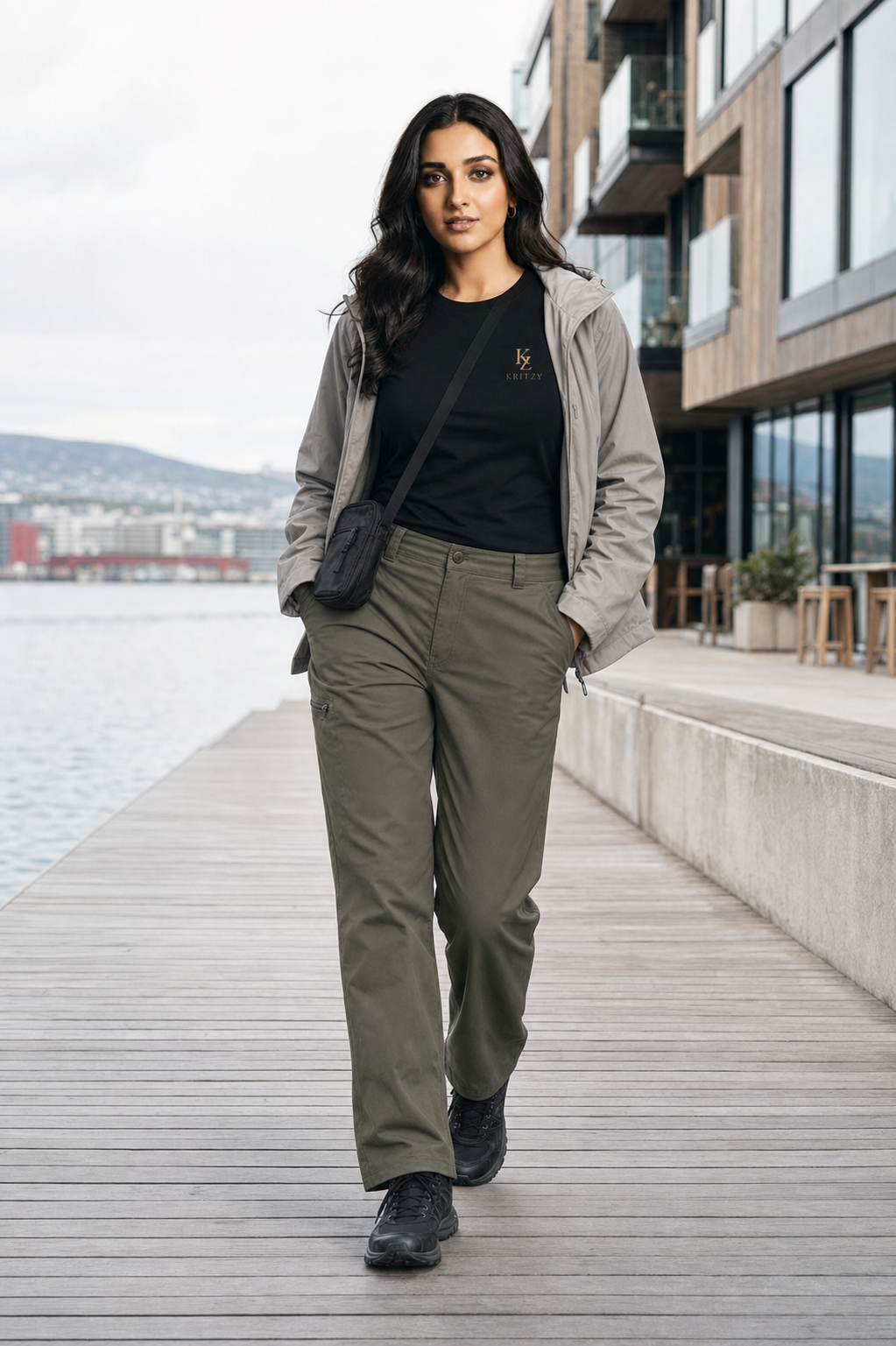 Model wearing olive green utility trousers with a grey windbreaker and black Kritzy tee on a waterfront promenade