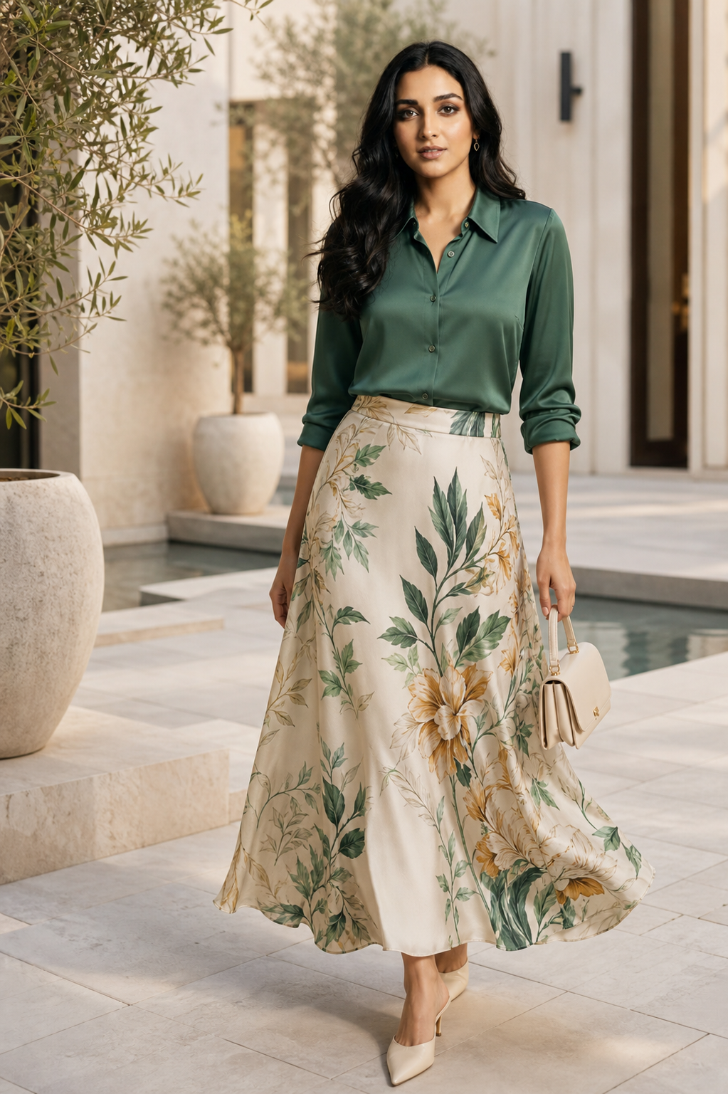 Cream botanical floral print midi skirt styled with forest green silk shirt and white mules