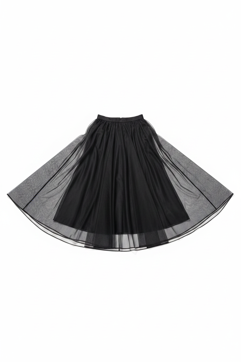 Black organza full midi skirt flat lay on white background