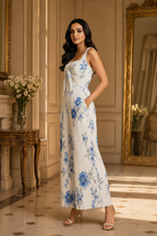 Alternate angle of ivory blue floral pleated jumpsuit