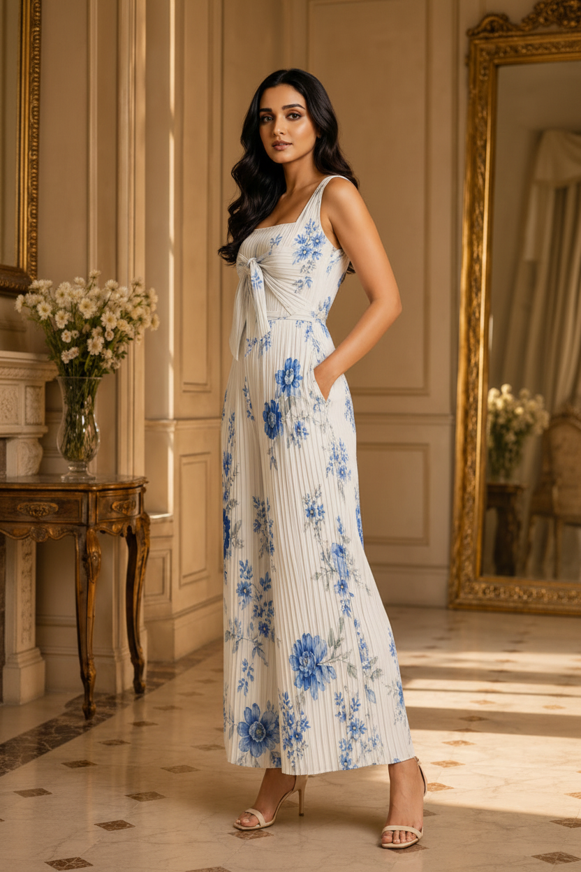 Alternate angle of ivory blue floral pleated jumpsuit
