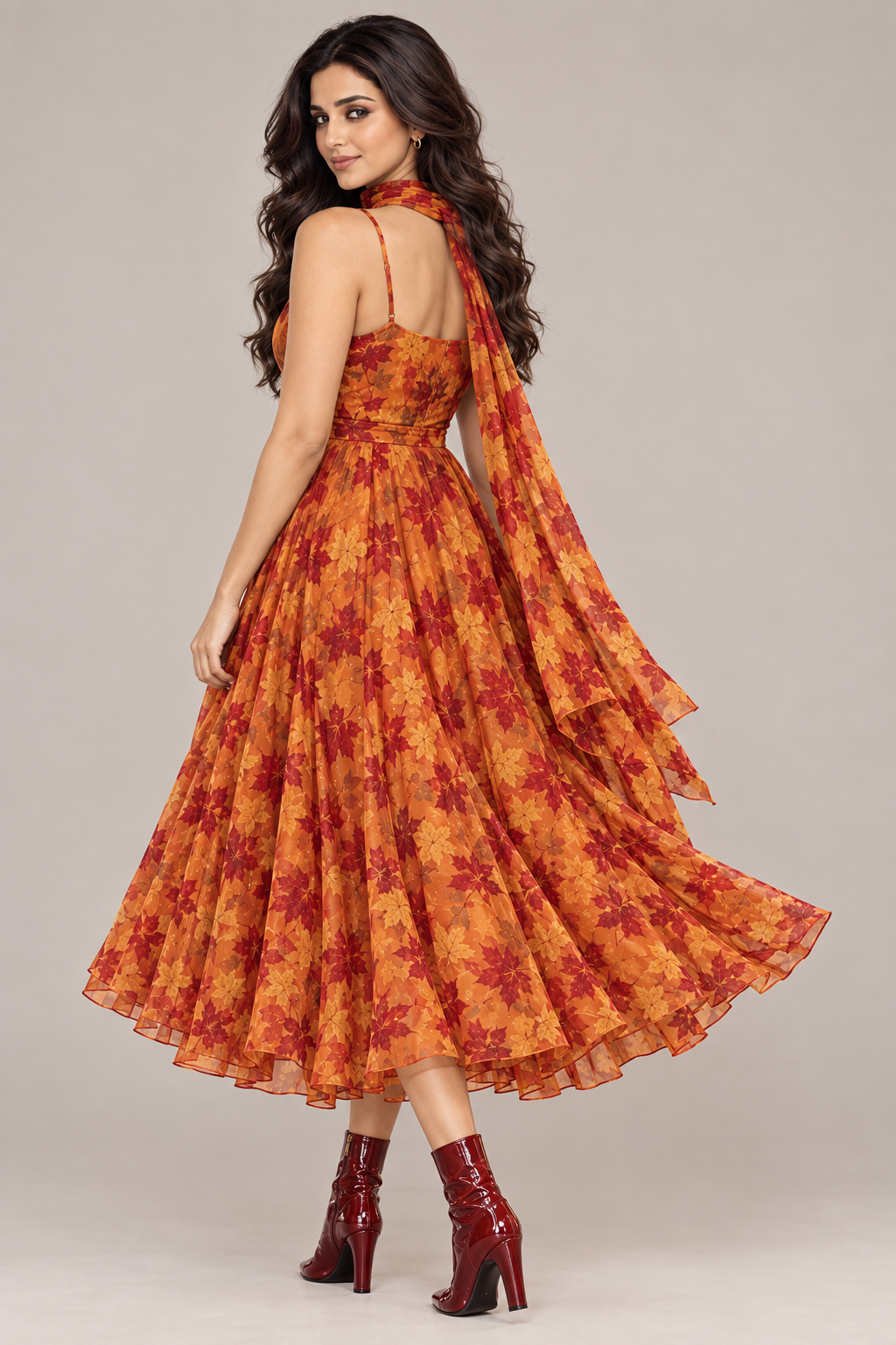 Rear three-quarter view of orange leaf-print frock