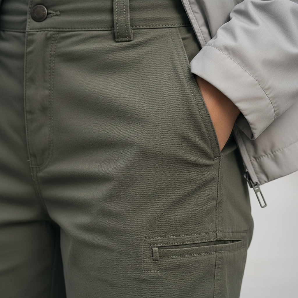 Closeup of olive green utility trouser fabric and cargo pocket detail
