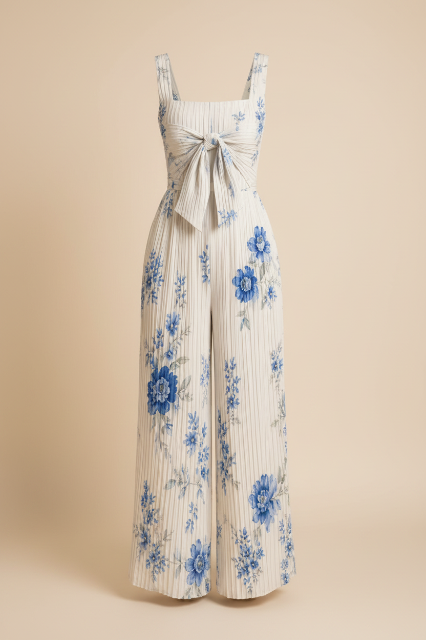 Product-only view of ivory blue floral pleated jumpsuit