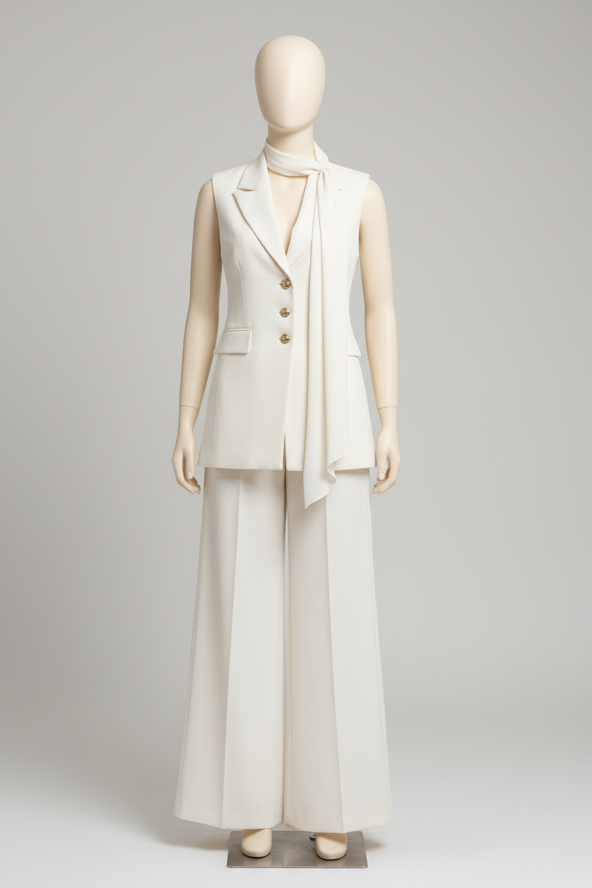 Ivory waistcoat and wide-leg trouser set displayed on a mannequin