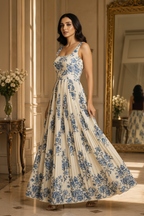 Alternate angle of ivory blue floral pleated maxi dress
