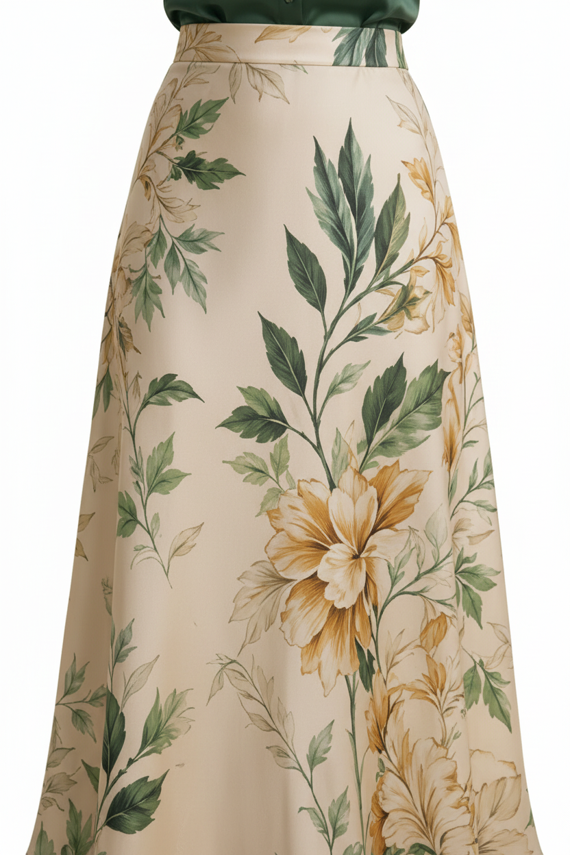 Close-up of cream botanical floral print midi skirt fabric and waistband detail