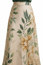 Close-up of cream botanical floral print midi skirt fabric and waistband detail