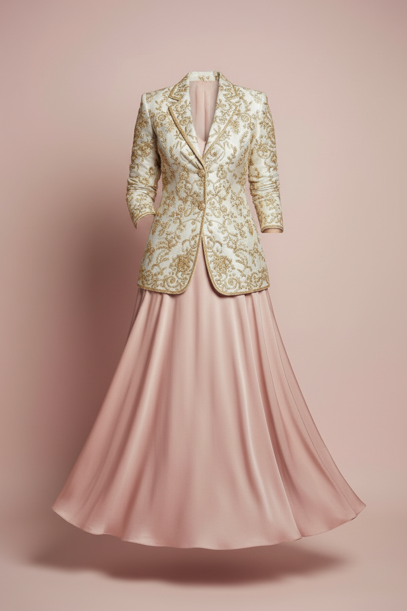 Flat lay product shot of ivory gold blazer and blush satin skirt co-ord set