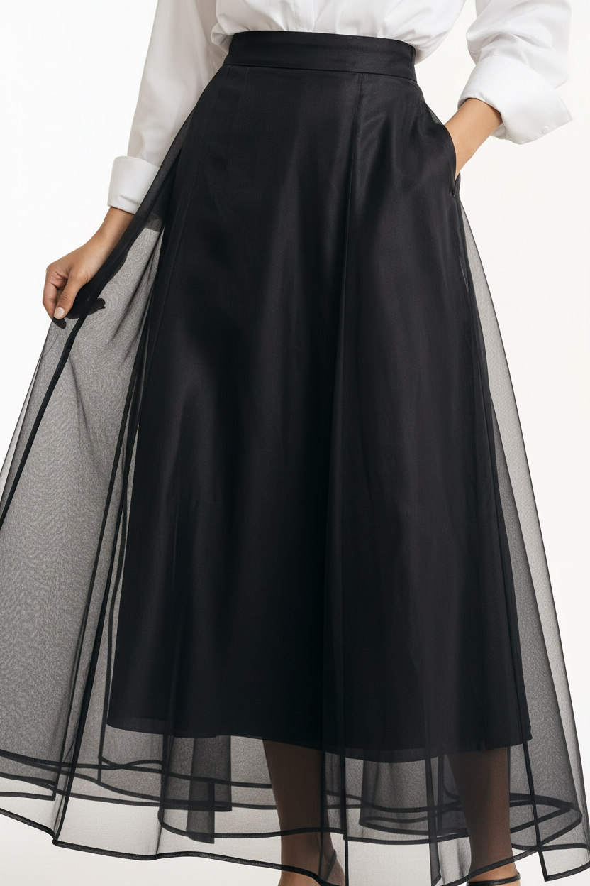 Close-up of black organza midi skirt waistband and sheer fabric layers