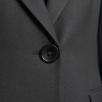 Closeup of charcoal grey suit fabric, blazer lapel and button detail
