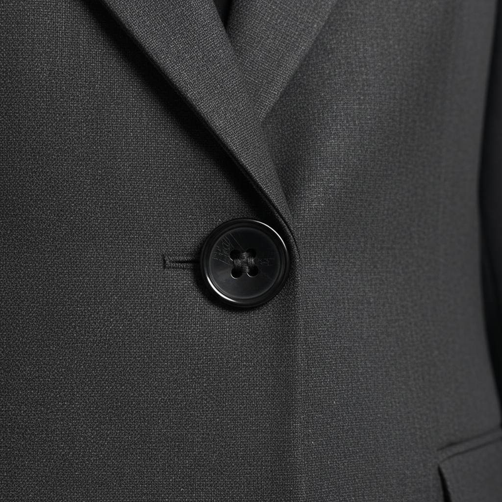 Closeup of charcoal grey suit fabric, blazer lapel and button detail