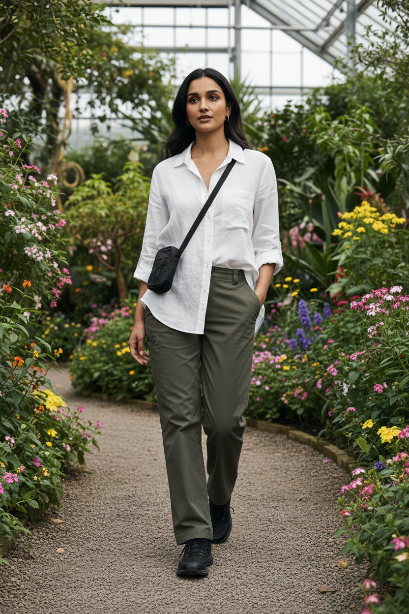 Olive green utility trousers on model in botanical garden
