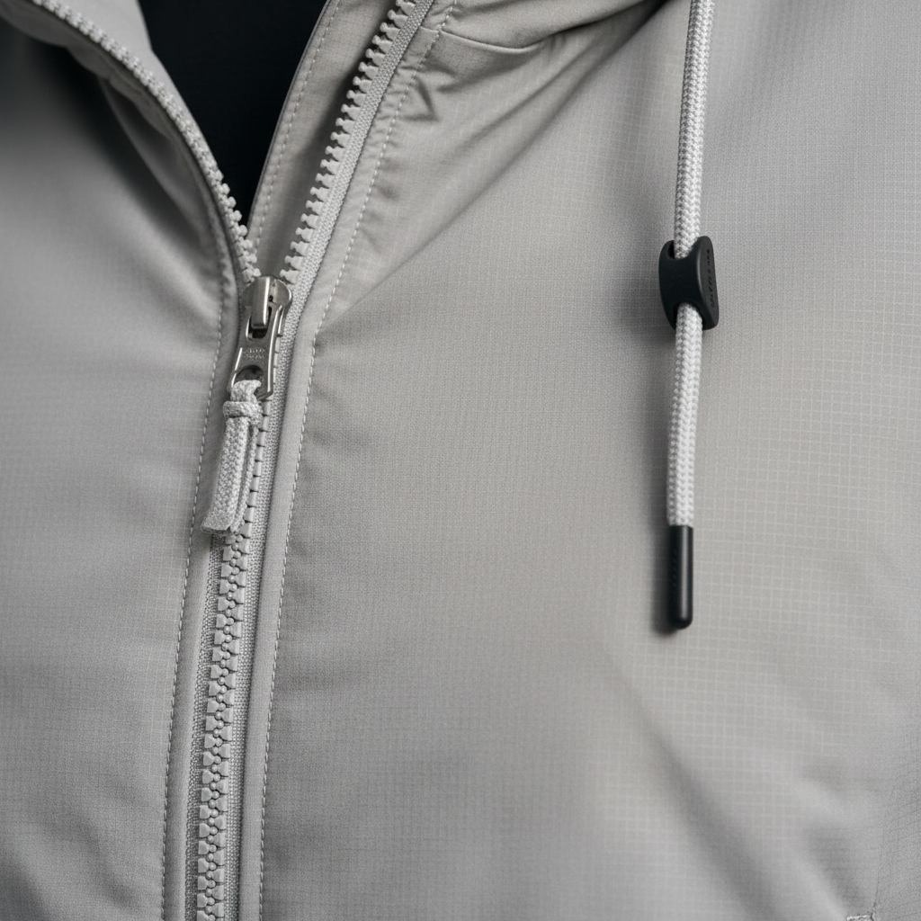 Closeup of light grey windbreaker jacket fabric, zip and hood drawstring detail