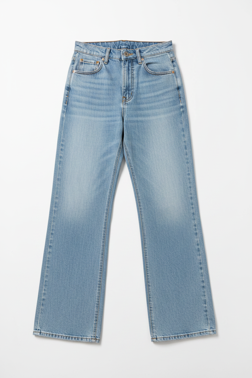 Light wash wide-leg jeans flat lay on white surface, no model
