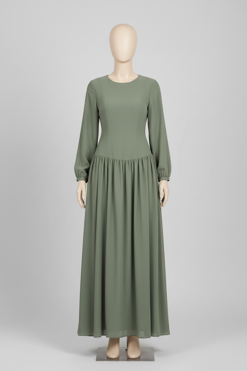Sage green drop-waist maxi dress displayed on a mannequin
