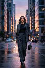 Charcoal grey suit set on model walking confidently on city street at dusk