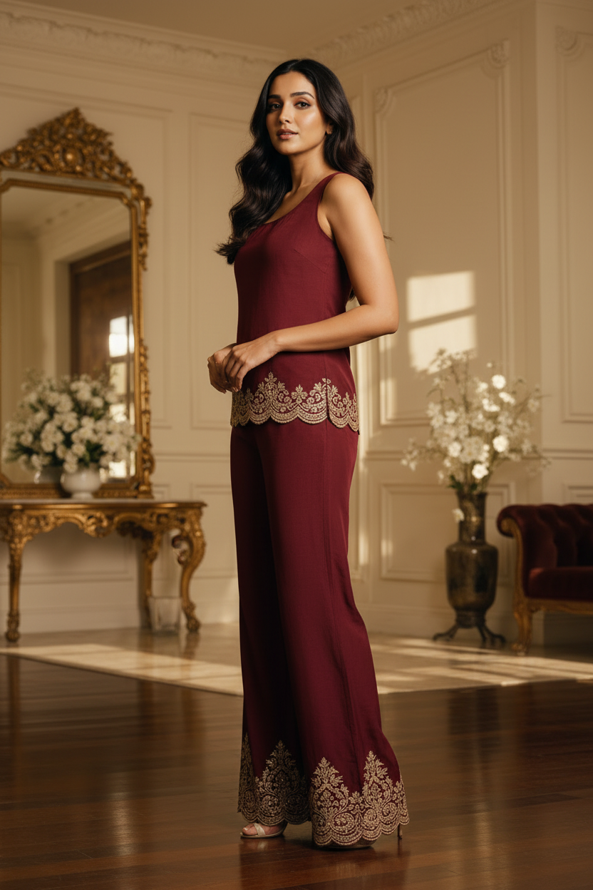 Alternate angle of burgundy embroidered co-ord set
