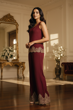 Alternate angle of burgundy embroidered co-ord set