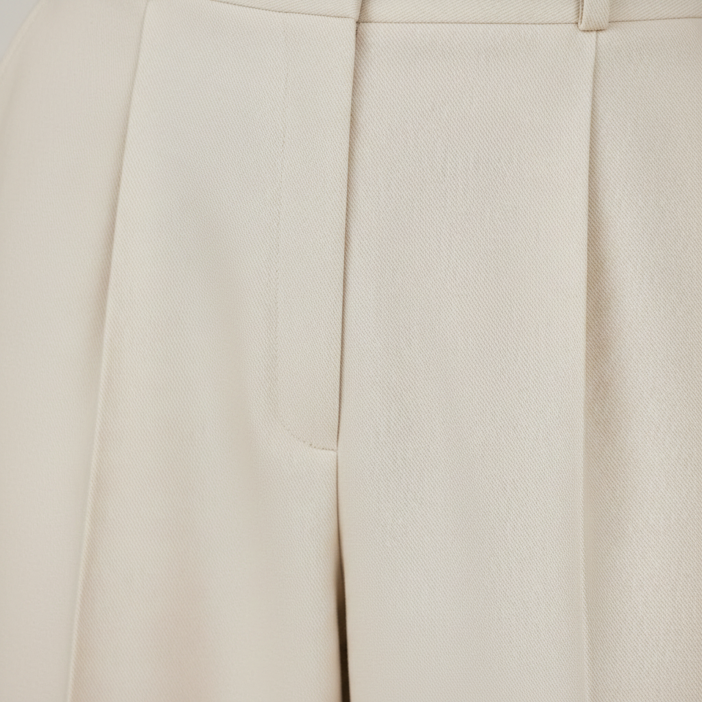 Closeup of cream wide-leg trouser fabric and pleat detail