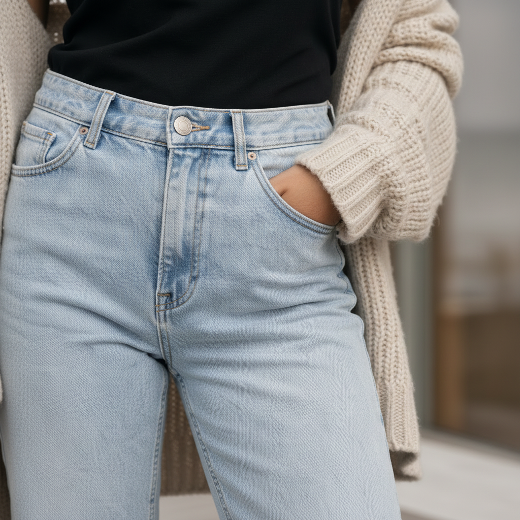 Closeup of light wash denim fabric, waistband and pocket detail
