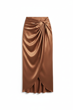 Bronze satin wrap maxi skirt flat lay on white background