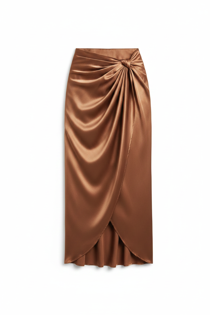 Bronze satin wrap maxi skirt flat lay on white background