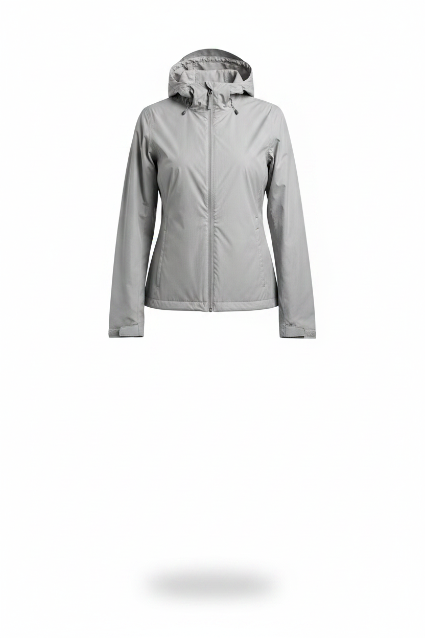 Light grey windbreaker jacket ghost mannequin on white background