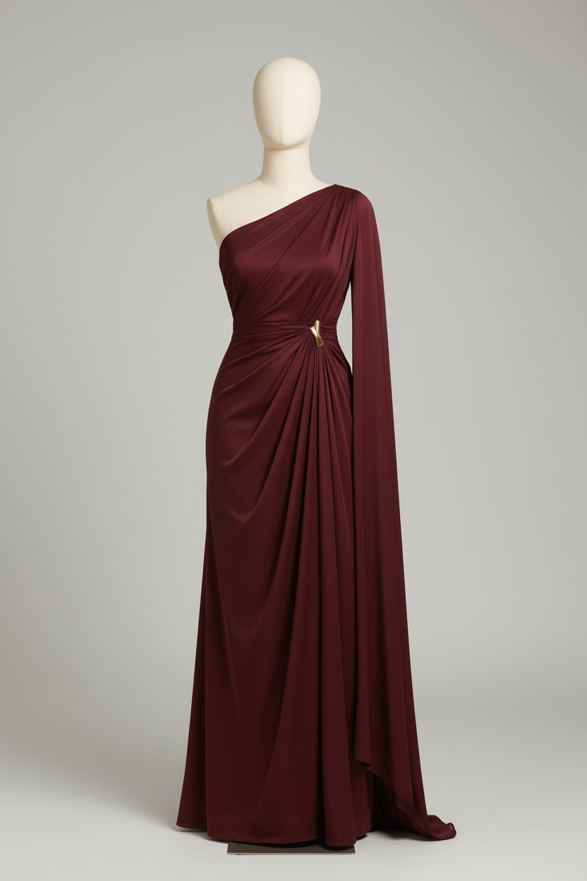 Burgundy draped cape gown displayed on a mannequin