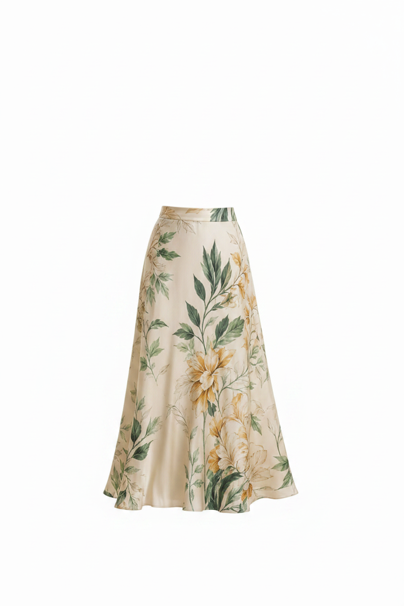 Cream botanical floral print midi skirt ghost mannequin front view